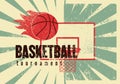 Basketball tournament typographical vintage grunge style poster design. Ball with flame. Retro vector illustration. Royalty Free Stock Photo